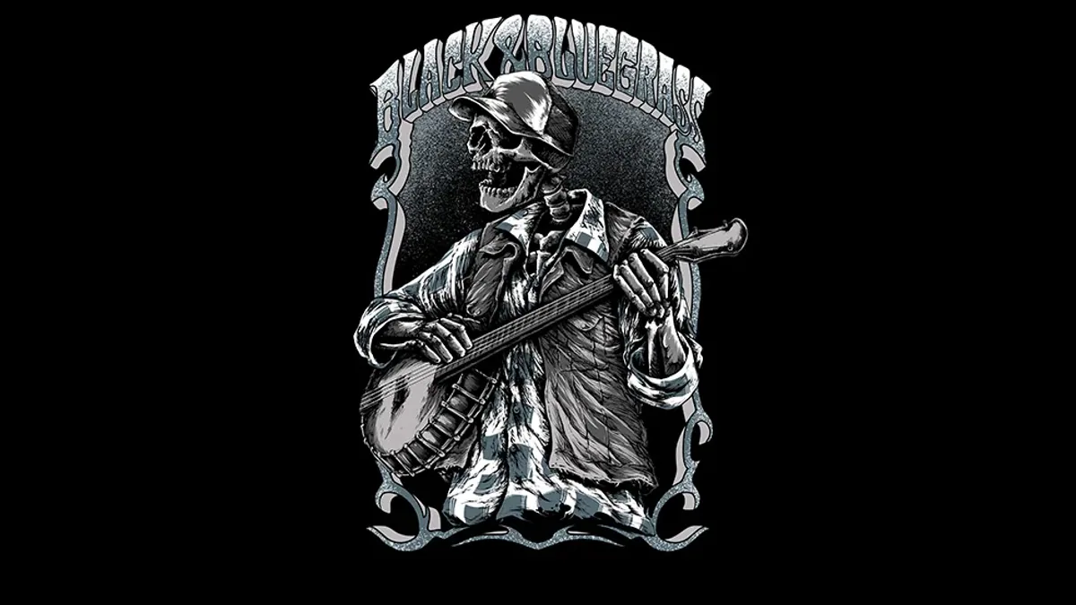 Black and Bluegrass Fest artwork of a skeleton playing a banjo