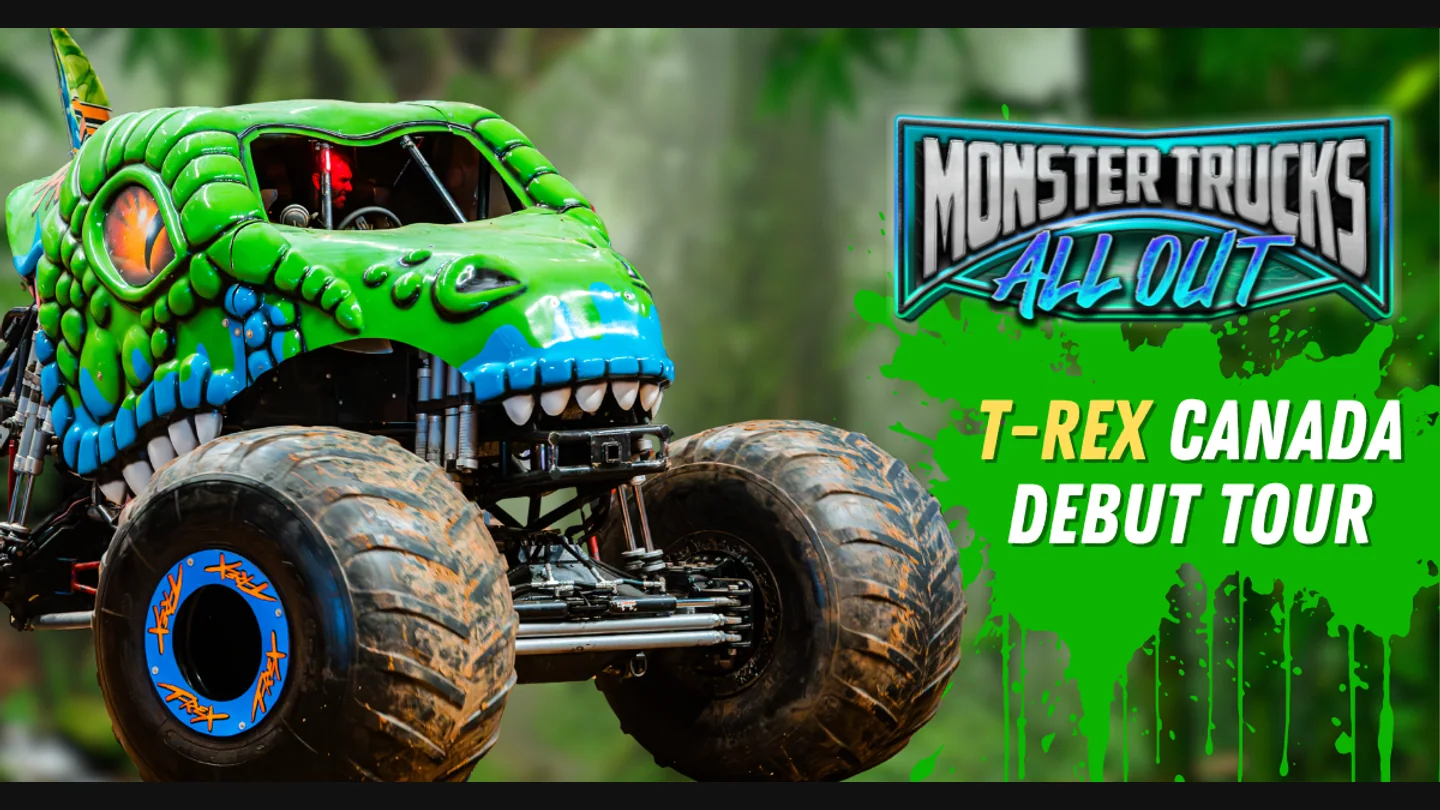 Monster Trucks All Out 2026 promotional artwork featuring T-Rex