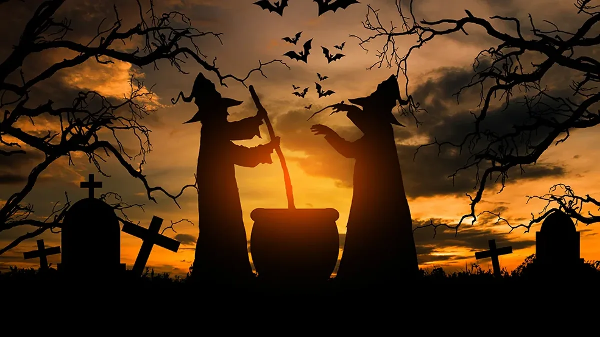 Silhouettes of witches, bats and a cauldron in a Halloween scene